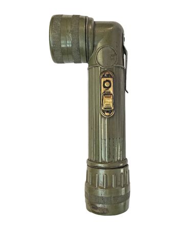 vintage military style flashlight isolated over white backgroundの写真素材