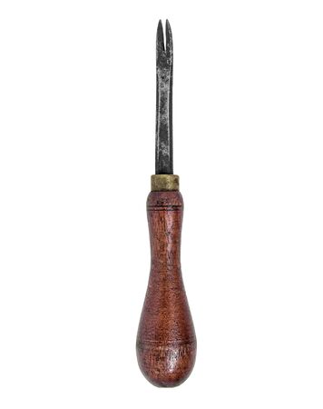 vintage rusty shoemaker or carpenter tack puller with wooden handle over whiteの写真素材