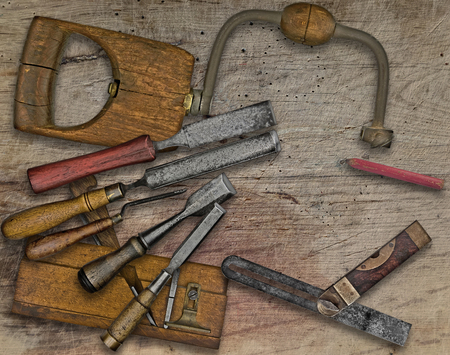 vintage woodworking  tools over wooden bench, space  for your textの写真素材