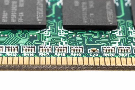 Computer chip closeup on a white background.