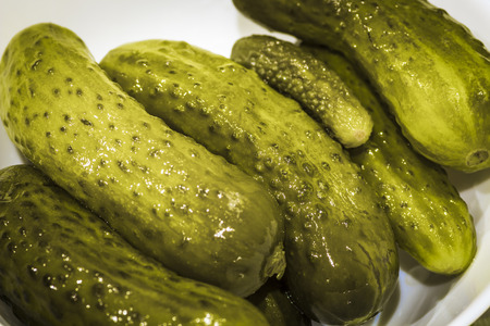 Pickled canned green cucumber closeup on a white plate.の写真素材