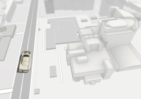 A toy car travels along the road of a virtual city.