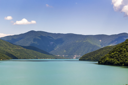 Beautiful scenery of a mountainous azure lake.の写真素材