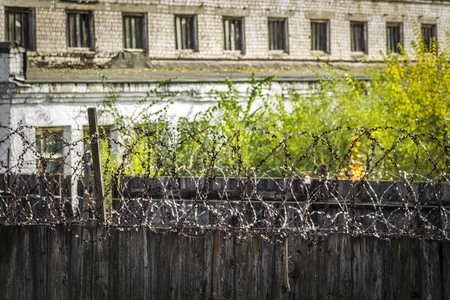 Barbed wire on the fence area with restricted access.の写真素材