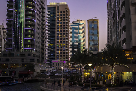 Dubai, UAE - November 29, 2018: Dubai's high rise houses in the evening. Dubai Marina district.のeditorial素材