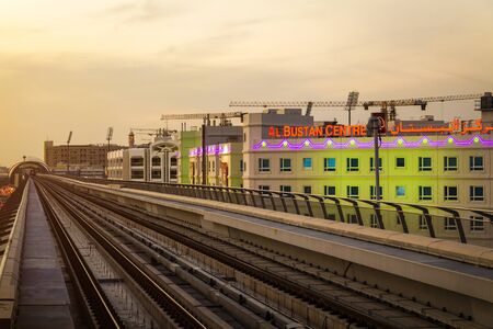 Dubai, UAE - December 1, 2018: View on the rail road in the background of the urban area.のeditorial素材