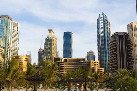 Dubai, UAE - December 2, 2018: View of the high-rise buildings of Dubai from the beach. Dubai Marina district.のeditorial素材