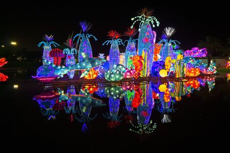 Dubai, UAE - December 3, 2018: Beautiful installations at the Dubai Garden Glow family theme park illuminated at night.のeditorial素材