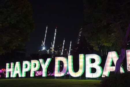 Dubai, UAE - December 3, 2018: Beautiful installations at the Dubai Garden Glow family theme park illuminated at night.のeditorial素材