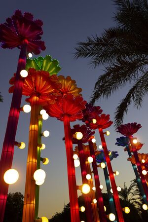 Dubai, UAE - December 3, 2018: Beautiful installations at the Dubai Garden Glow family theme park illuminated at night.のeditorial素材