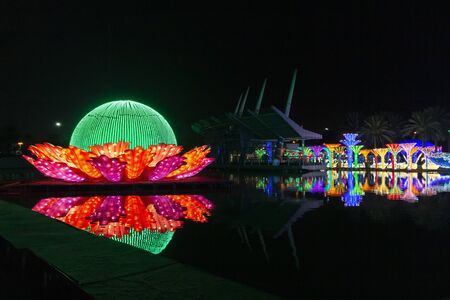 Dubai, UAE - December 3, 2018: Beautiful installations at the Dubai Garden Glow family theme park illuminated at night.のeditorial素材