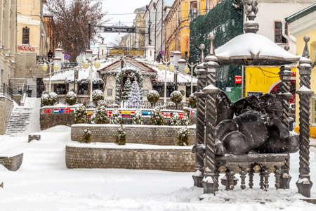 Kazan, Russia - December 31, 2019: Bauman Street in Kazan on New Year's Eve. Monument to Kot Kazan.のeditorial素材