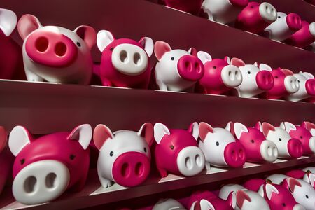 Many toy pigs are located on shelves in the room.の写真素材
