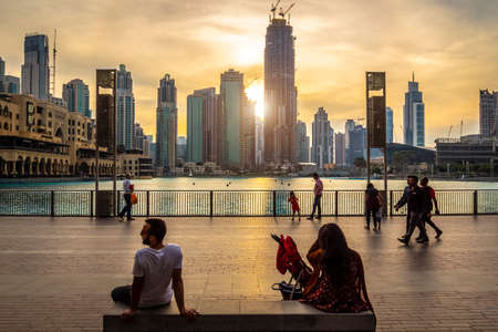 Dubai, UAE - November 28, 2018: Downtown Dubai district. View of the singing fountains.のeditorial素材
