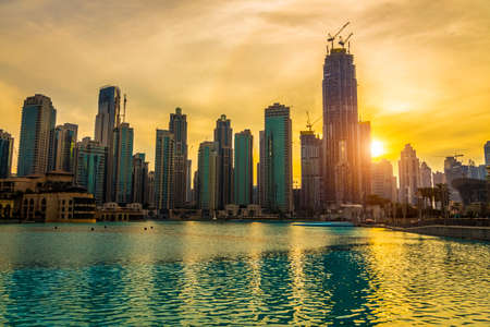 Dubai, UAE - November 28, 2018: Downtown Dubai district. View of the singing fountains.のeditorial素材