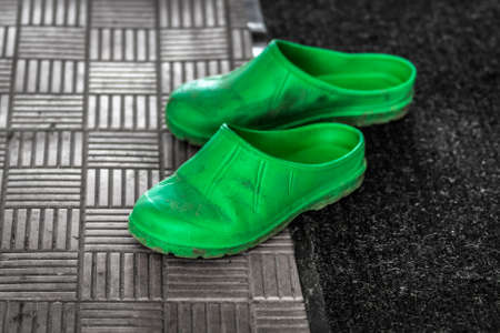 Green rubber slippers are standing on the porch of the house.