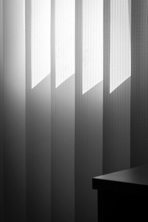 White vertical blinds illuminated by sunlight as an abstraction.の写真素材