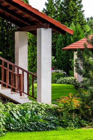 Backyard design elements of a beautiful private house.