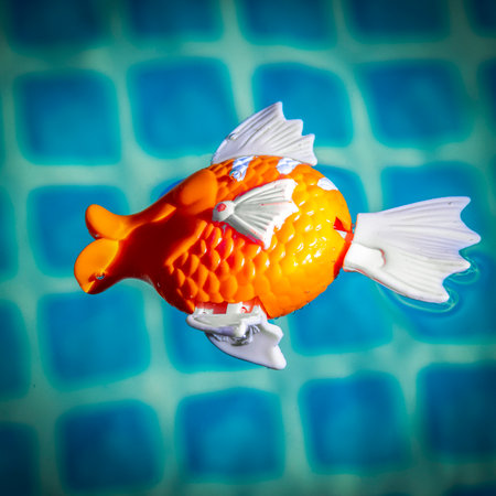 Red fish toy in a blue pool.の写真素材