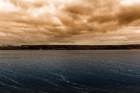 Beautiful autumn sunset over the cold sea.の写真素材