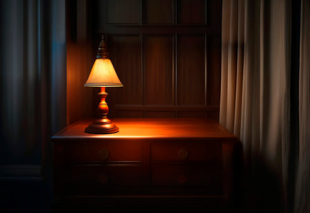 A classic style table lamp shines in a dark room with wooden furniture.の素材