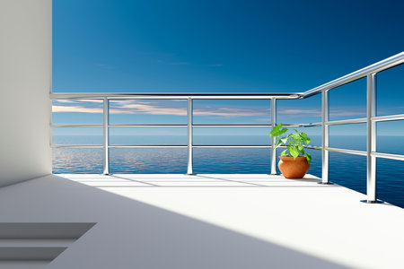 A beautiful view of the ocean from the veranda of a snow-white villa located on the shore.の写真素材