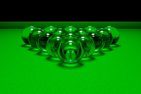 Glass billiard balls at the starting playing position.