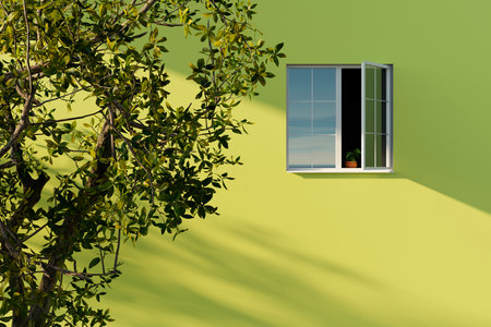 Single open white window in the wall of a large house.の写真素材