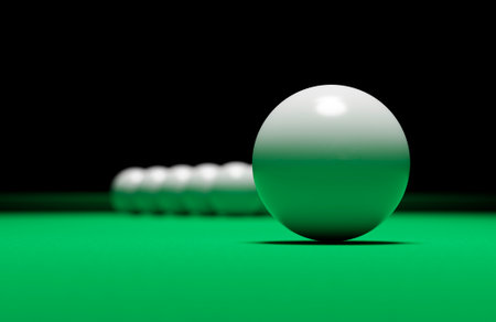 Billiard balls in the initial position on the green field of the billiard table.