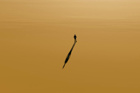 A man in an office suit stands in the center of a large desert.の写真素材