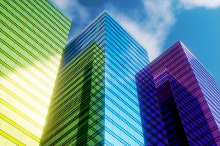 High-rise modern building made of blue glass against the sky.の写真素材