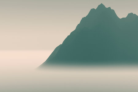Silhouettes of high mountains in thick fog.