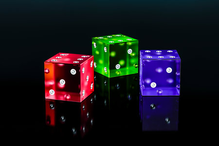 Three plastic dice on a gaming table close-up.