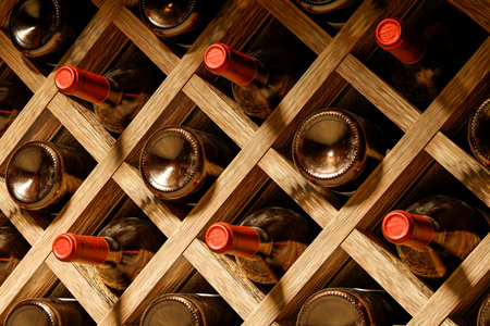 Bottles of red wine on wooden racks in a wine cellar.の写真素材