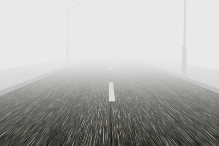 Driving a car on an asphalt road during fog.の写真素材
