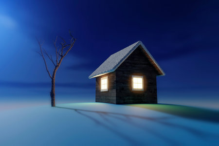A small wooden house covered with snow during a quiet winter night.の写真素材