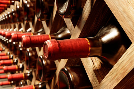 Bottles of red wine on wooden racks in a wine cellar.