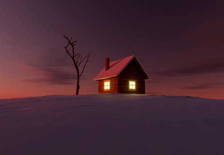 A small wooden house covered with snow during a quiet winter night.の写真素材