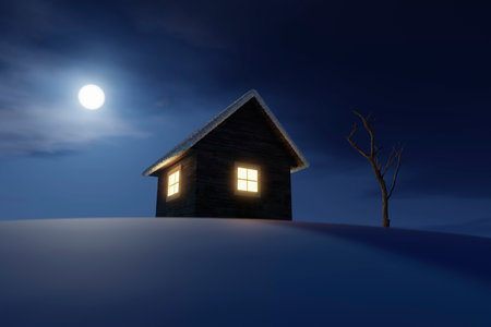 A small wooden house covered with snow during a quiet winter night.の写真素材
