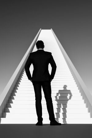 A man is faced with a choice, standing in front of a large staircase to the top.の写真素材