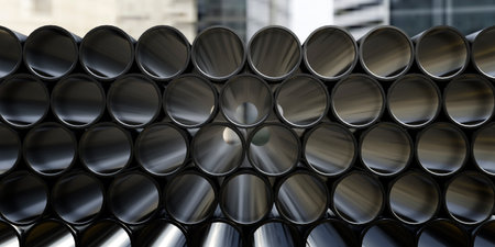 A large stack of new pipes lies on a construction site.