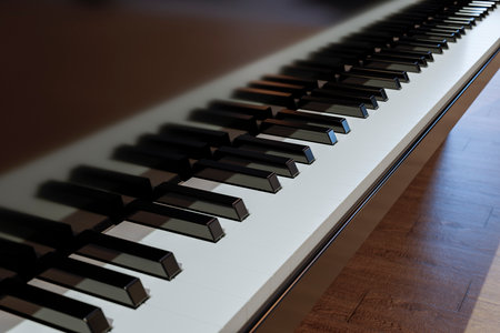 Black and white shiny piano keys close-up.の写真素材