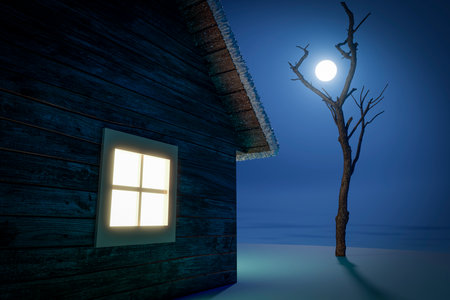 A small wooden house covered with snow during a quiet winter night.の写真素材