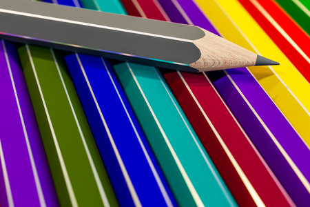 Many colored wooden pencils lie on the desk.の写真素材