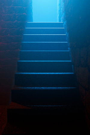 Stone staircase in an old castle in the moonlight.の写真素材