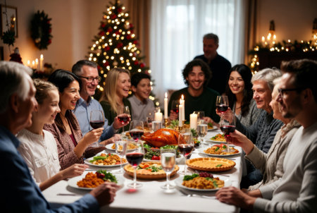 A large friendly family celebrates Christmas at the festive table.の素材