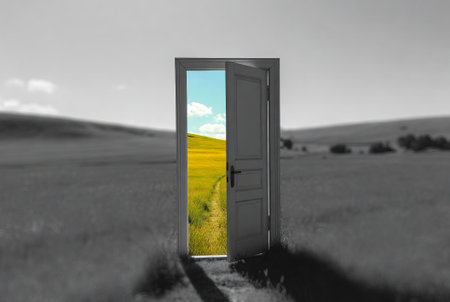 An open door into a field is like a portal to another dimension.の素材