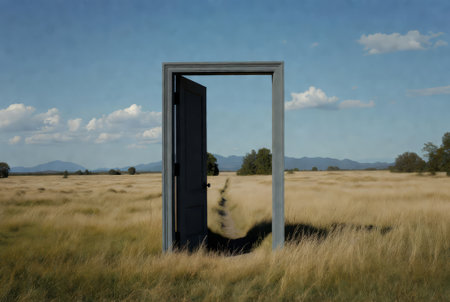 An open door into a field is like a portal to another dimension.の素材