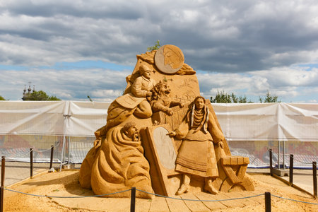 KOLOMENSKOYE,MOSCOW,RUSSIA-AUGUST 2, 2015:"Masterpieces of world literature". The exhibition of sand sculptures."Evenings on Farm near Dikanka." Nikolai Gogol.  Author Sergey Knish, Russia.のeditorial素材