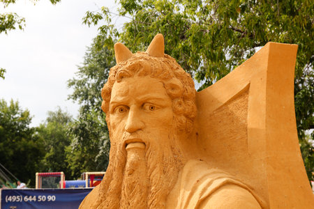 KOLOMENSKOYE,MOSCOW,RUSSIA-JULY 10, 2011:"Masterpieces of Italian culture" Exhibition of sand sculptures.Colosseum. Moses (Michelangelo Buonarroti). Author - Karen Jean Fralich (Canada)のeditorial素材